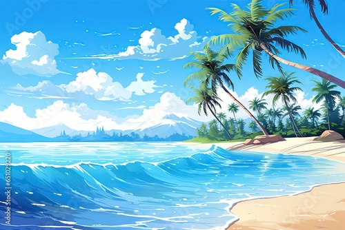 A tropical beach scene with palm trees, white sand, and crystal-clear blue water,Generated with AI
