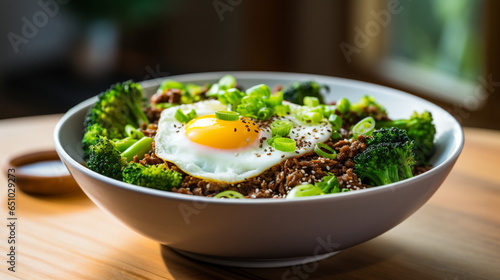 Boiled red quinoa bowl topped with steamed broccoli flor, generative ai