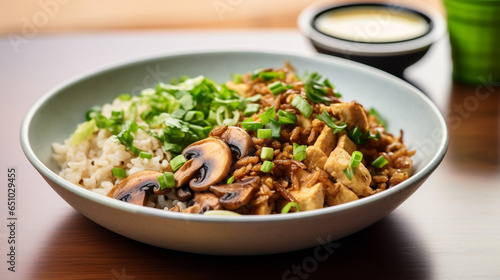 Brown rice bowl topped with sauteed sliced, generative ai