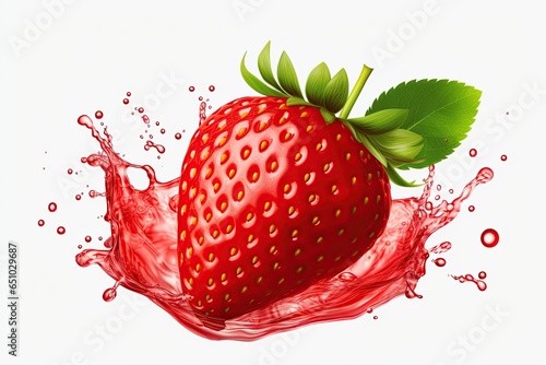 strawberry juicy splashed green leaves ,isolated white background,Generated with AI