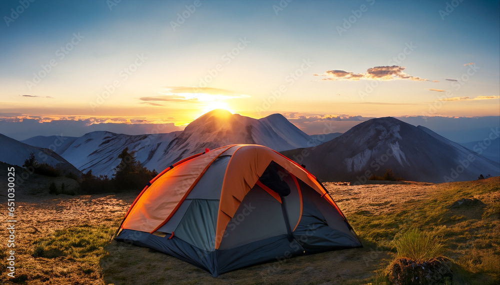 Camping tent high in the mountains at sunset