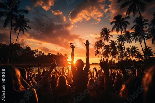 Fototapeta Naklejka Na Ścianę i Meble -  Crowd of young people enjoying at beach party at sunset - Generative AI