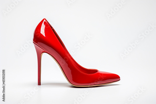 Stylized Red Stiletto Shoes On White . Сoncept Red Statement Shoes, Fashion Styling With Stilettos, Accessorizing With Accessories, Wearing Headturning Heels
