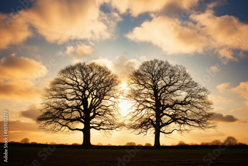 Sun shining through two connected winter trees