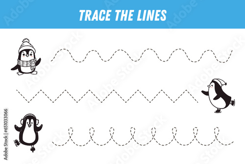 Tracing lines for kids. Christmas page with penguin. Handwriting practice. Educational game for kids . Activity page.