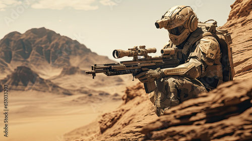 Ein Scharfschütze und Soldat wartet einsam in der Wüste auf den Start seiner Mission photo