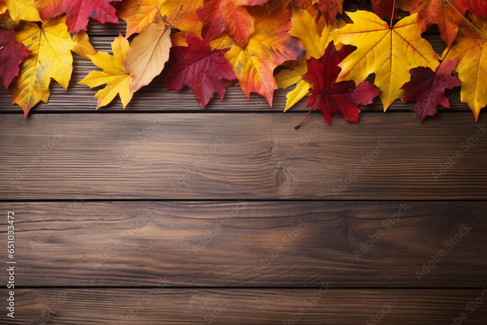 Wooden Table Against Backdrop Of Red And Yellow Fall Leaves Thanksgiving Day Wooden Table Against Backdrop Of Red And Yellow Fall Leaves Thanksgiving Day