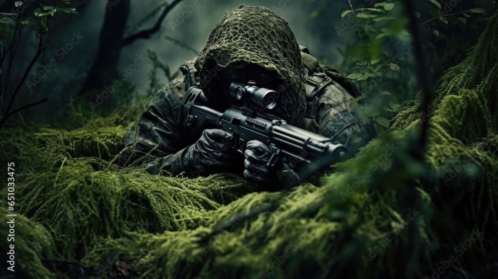 Ein Scharfschütze und Soldat wartet einsam im Dschungel auf den Start seiner Mission