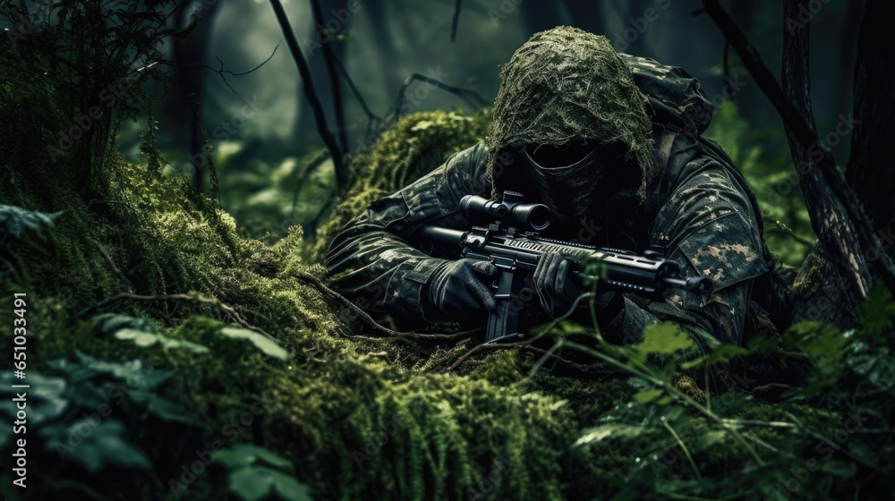 Ein Scharfschütze und Soldat wartet einsam im Dschungel auf den Start seiner Mission Ein Scharfschütze und Soldat wartet einsam im Dschungel auf den Start seiner Mission
