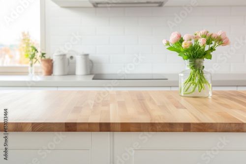 Wooden Countertop Against Defocused White Kitchen . Сoncept Wood Countertops, Kitchen Design, White Kitchens, Kitchen Remodeling