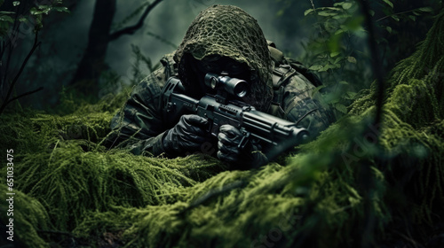 Ein Scharfschütze und Soldat wartet einsam im Dschungel auf den Start seiner Mission photo