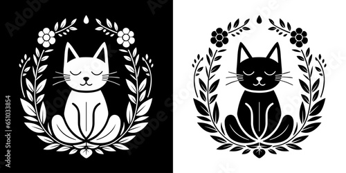 Cat meditating lotus position. Round floral frame. Yoga and meditation logo concept. Black and white minimalist vector illustration for meditation practice.