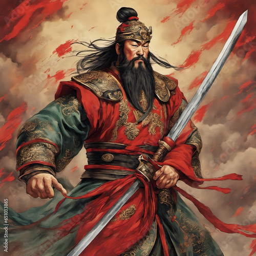 Vibrant Portrait of Legendary Chinese Warrior Guan Yu with Majestic Beard