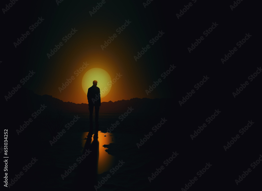 silhouette of a man standing in the loneliness on desert and looking at the big sun. 