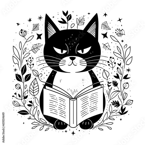 Cat reading a book. Black and white cat with book and flowers. Floral frame. Animal and book lovers. Minimalist vector illustration.
