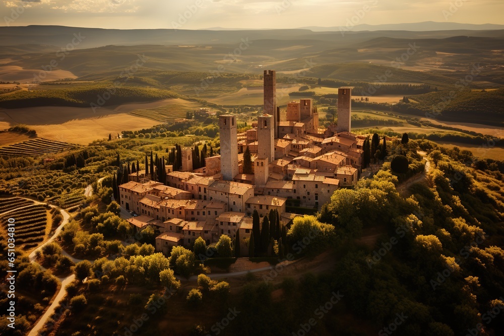 San Gimignano, Tuscany. Hill top town in Italy known for its towers and stunning panoramic views. Vintage interpretation image. - obrazy, fototapety, plakaty 