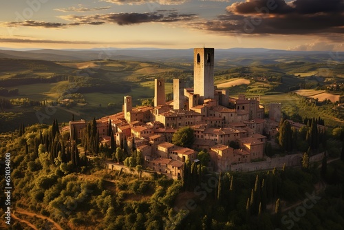 San Gimignano  Tuscany. Hill top town in Italy known for its towers and stunning panoramic views. Vintage interpretation image.