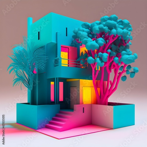 barragan style modelscale model color blue pink green neon trree plant  photo