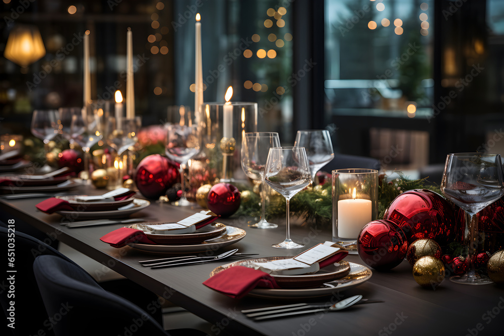 A wide - angle view of a modern kitchen with a long dining table beautifully set for a Christmas feast. Creating an inviting atmosphere for holiday dining. 