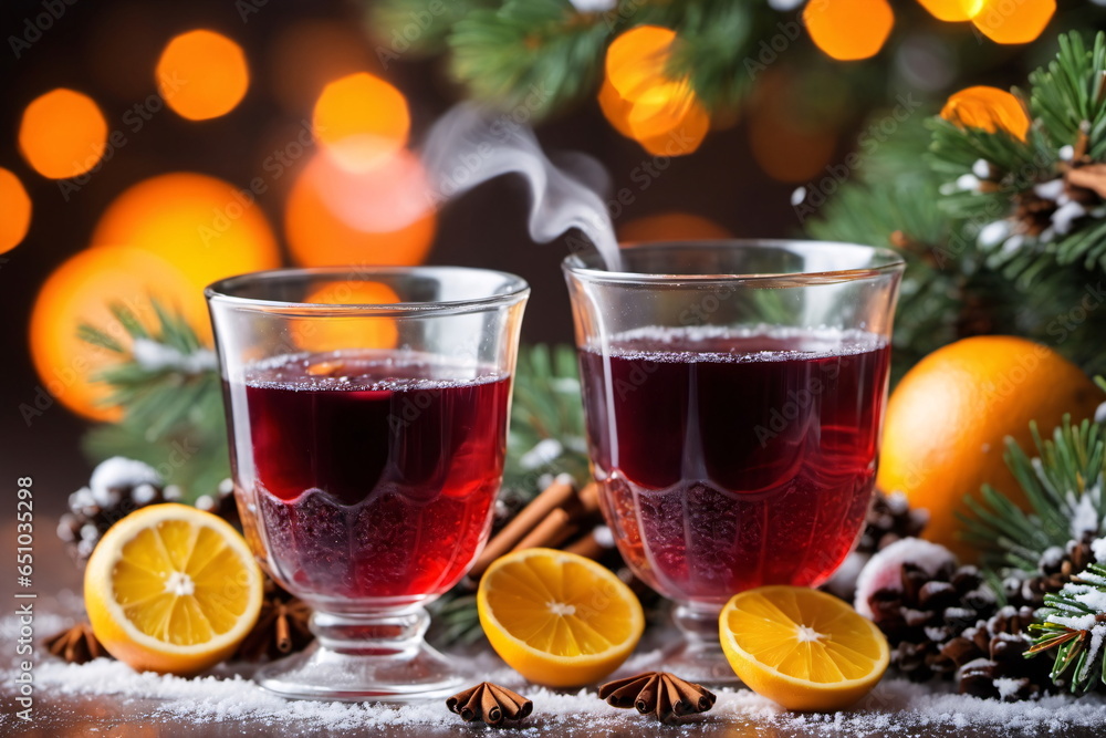 Heißer Weihnachtsglühwein mit Zimt in einer verschneiten Umgebung mit Tannenzweigen und Orangen Heißer Weihnachtsglühwein mit Zimt in einer verschneiten Umgebung mit Tannenzweigen und Orangen