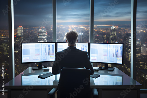 Rear view of businessman sitting in office and looking at monitors with stock market data on the screen. Generative AI