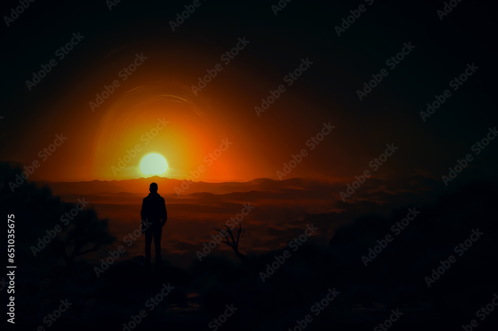 silhouette of a man standing in the loneliness on desert and looking at the big sun. 