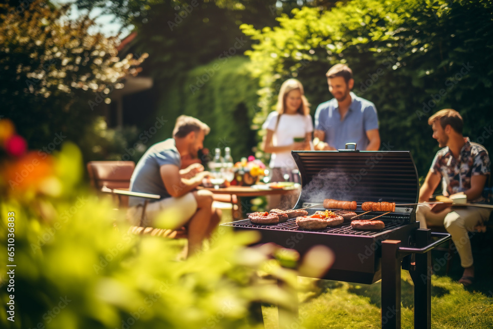 Lifestyles, family, food concept. Family or friends having barbeque picnic in nature, park or backyard during warm summer evening. Joyful mood. Generative AI