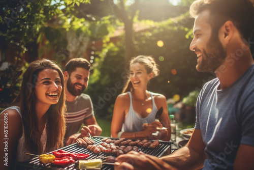 Lifestyles, family, food concept. Family or friends having barbeque picnic in nature, park or backyard during warm summer evening. Joyful mood. Generative AI