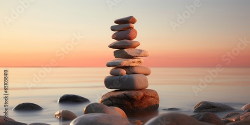  Tranquil Seascape with a Stack of Stones Overlooking the Ocean, Creating a Sense of Equilibrium and Coastal Harmony, Evoking a Serene and Peaceful Ambiance by the Water's Edge