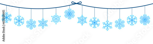 Horizontal garland of cut out paper snowflakes. Handmade children ornament. Christmas holiday banner decoration element. Simple flat vector isolated on white background
