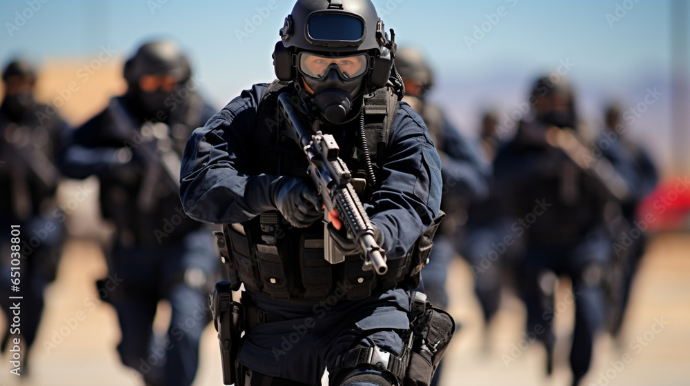 "SWAT Team Dynamics": Showcase the precision and coordination of a SWAT team during a training drill. - obrazy, fototapety, plakaty 