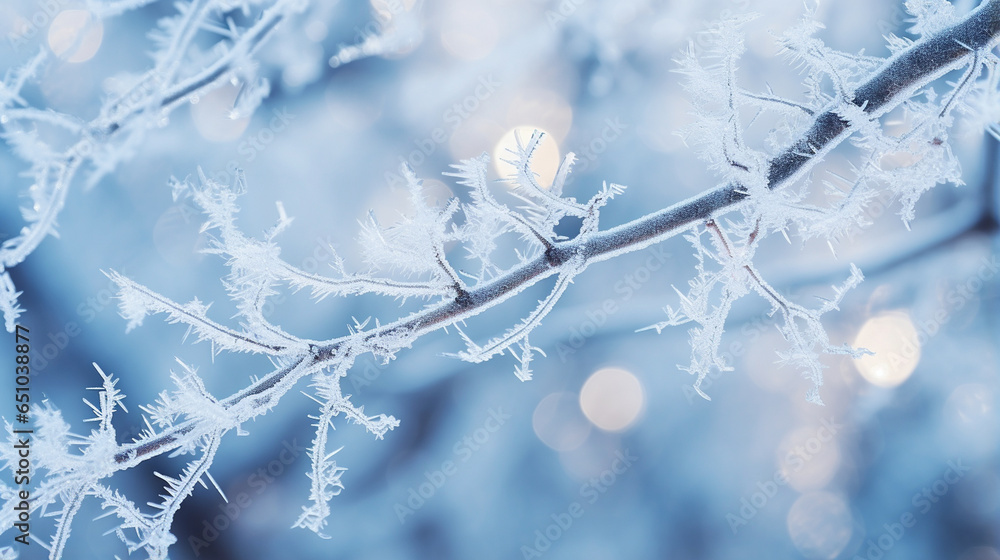 Frosty Branches Adorned with Glistening Ice Crystals, beautiful winter night, with copy space