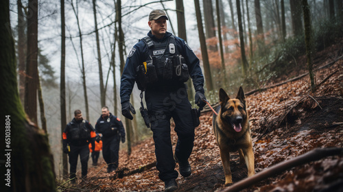 "Search and Rescue": Show officers working with canines to locate a missing person in a wooded area.