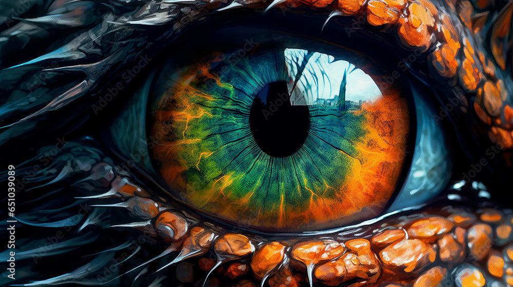 Close-up of fantasy dragon eye. Mythological evil. Dangerous creature.