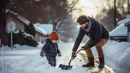 Father and Son Shoveling Snow Together in Their Driveway, winter, cozy, people, snow, with copy space