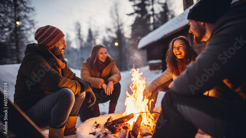 Group of Colleagues Gathering Around a Winter Campfire, winter, cozy, people, snow, with copy space