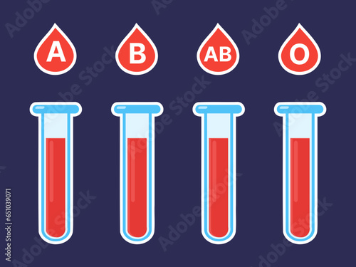 Icons representing blood test tubes filled with red liquid in a flat design vector, set against a dark background.