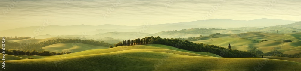 Verdant Green Hills Blanketed with Trees, Emanating the Timeless Beauty and Serene Charms of Italian Landscapes, Captured in the Idyllic Style of the Countryside