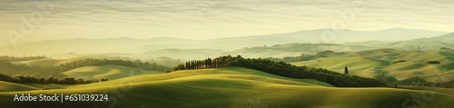 Verdant Green Hills Blanketed with Trees, Emanating the Timeless Beauty and Serene Charms of Italian Landscapes, Captured in the Idyllic Style of the Countryside