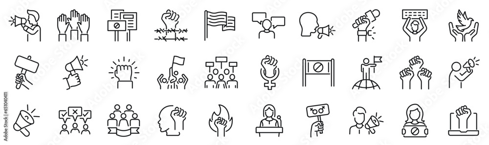 Set of 30 outline icons related to activism, protest. Linear icon collection. Editable stroke. Vector illustration - obrazy, fototapety, plakaty 