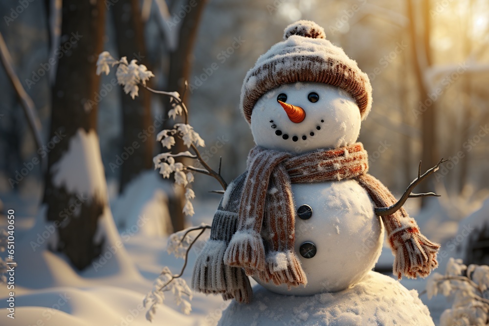 Obraz premium snowman, adorned festive scarf, snowy winter wonderland.Generated with AI