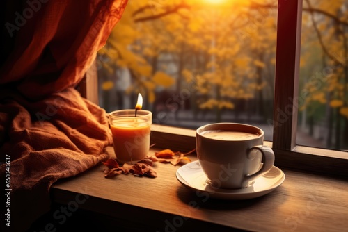 Cozy photo. A cup of coffee  a book and a candle by the window