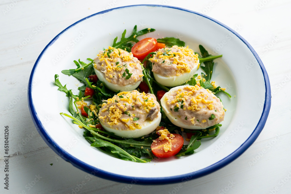 Eggs stuffed with tuna and mayonnaise. Eggs stuffed with tuna and mayonnaise.