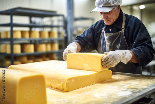 worker testing quality of cheese on background