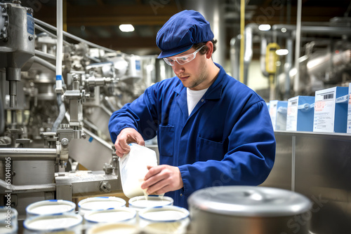 worker testing quality of milk on background