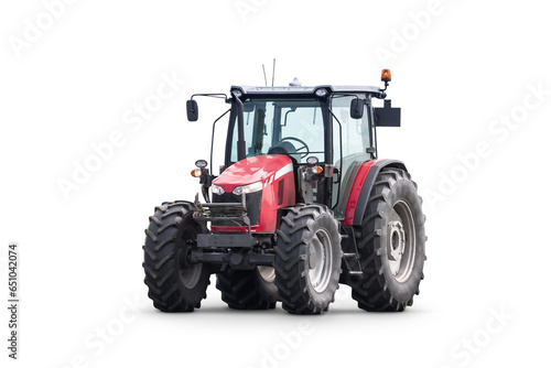 Modern red wheeled tractor isolated