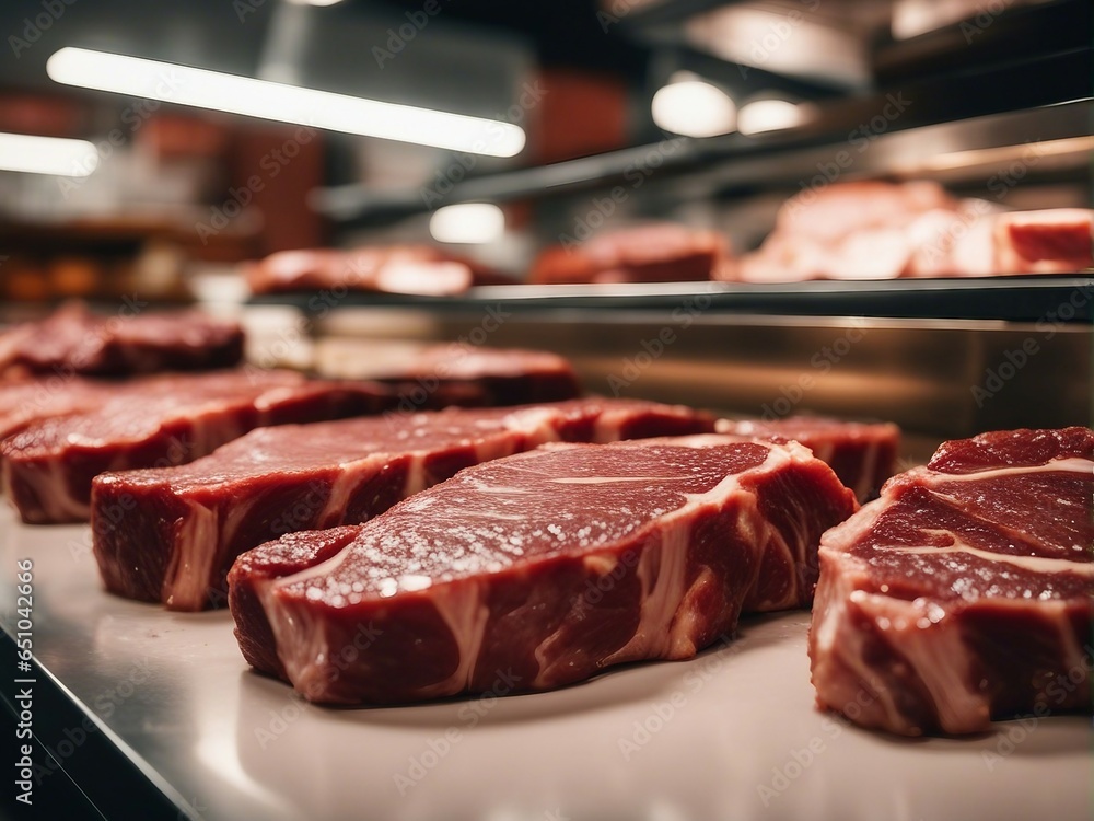 Juicy appetizing beef steaks on the counter of a butcher shop