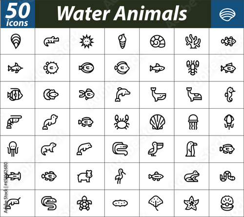 Water Animals Icon Set. Linear icon collection. Editable stroke. For web design, template, banner, and other