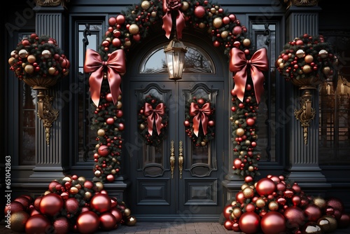 festive holiday wreath ornaments, hanging front door to welcome,Generated with AI © Chanwit