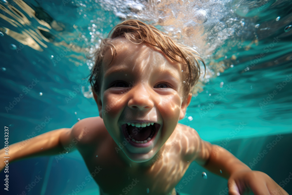 Happy kid swimming underwater and having fun, summer vacation
